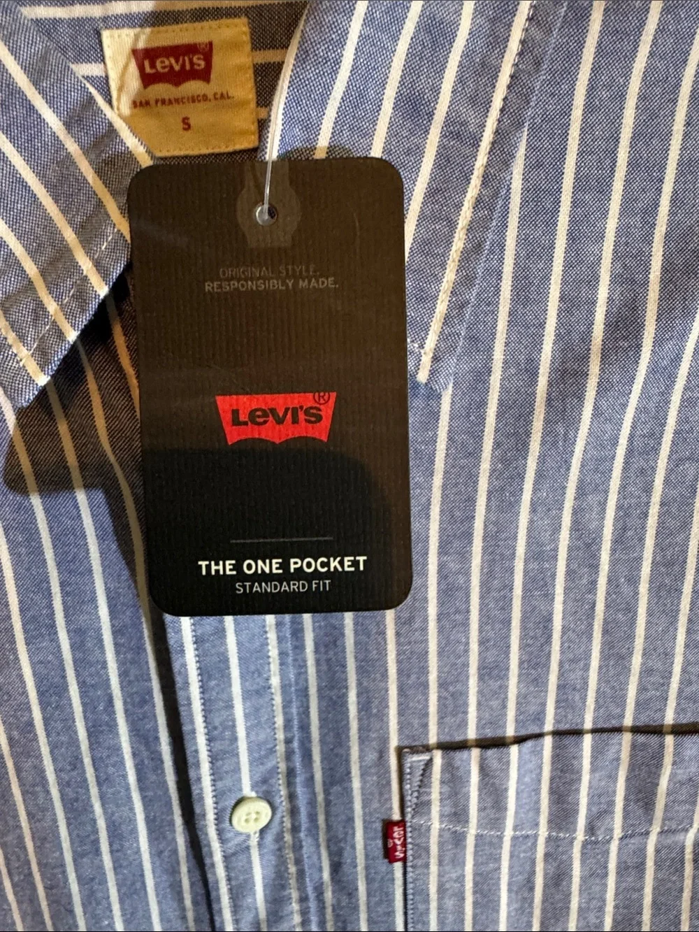 Levi's Blue and White Vertical-Stripe Short Sleeve Button-Down Shirt